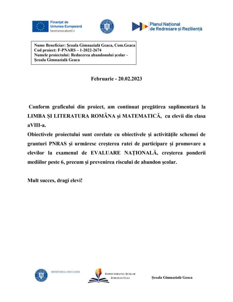 Materiale informative privind programul ”Reducerea abandonului școlar - Școala Gimnazială Geaca” - PNRAS
